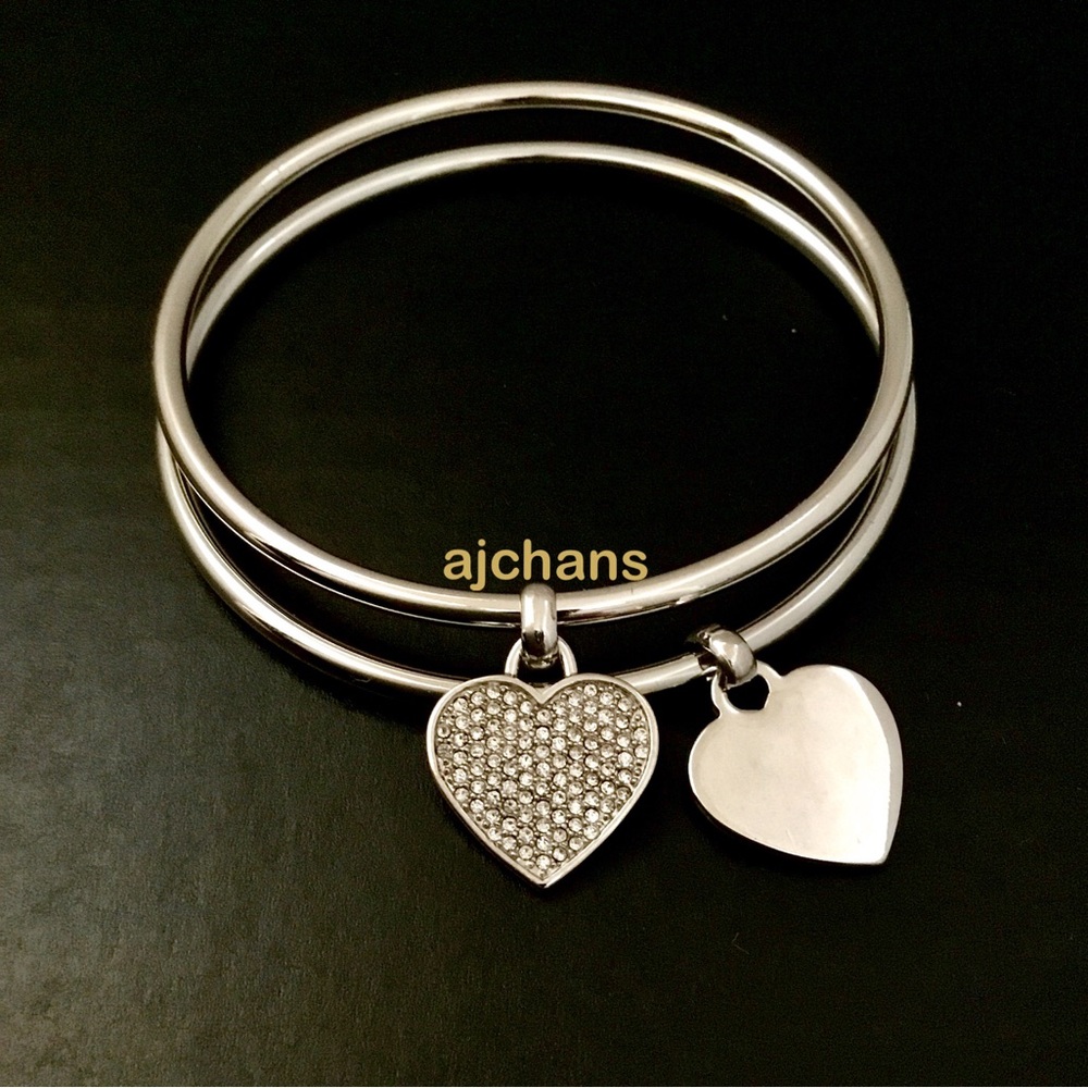 NEW Michael Kors Silver Tone Two Hearts Charms Bangle Set